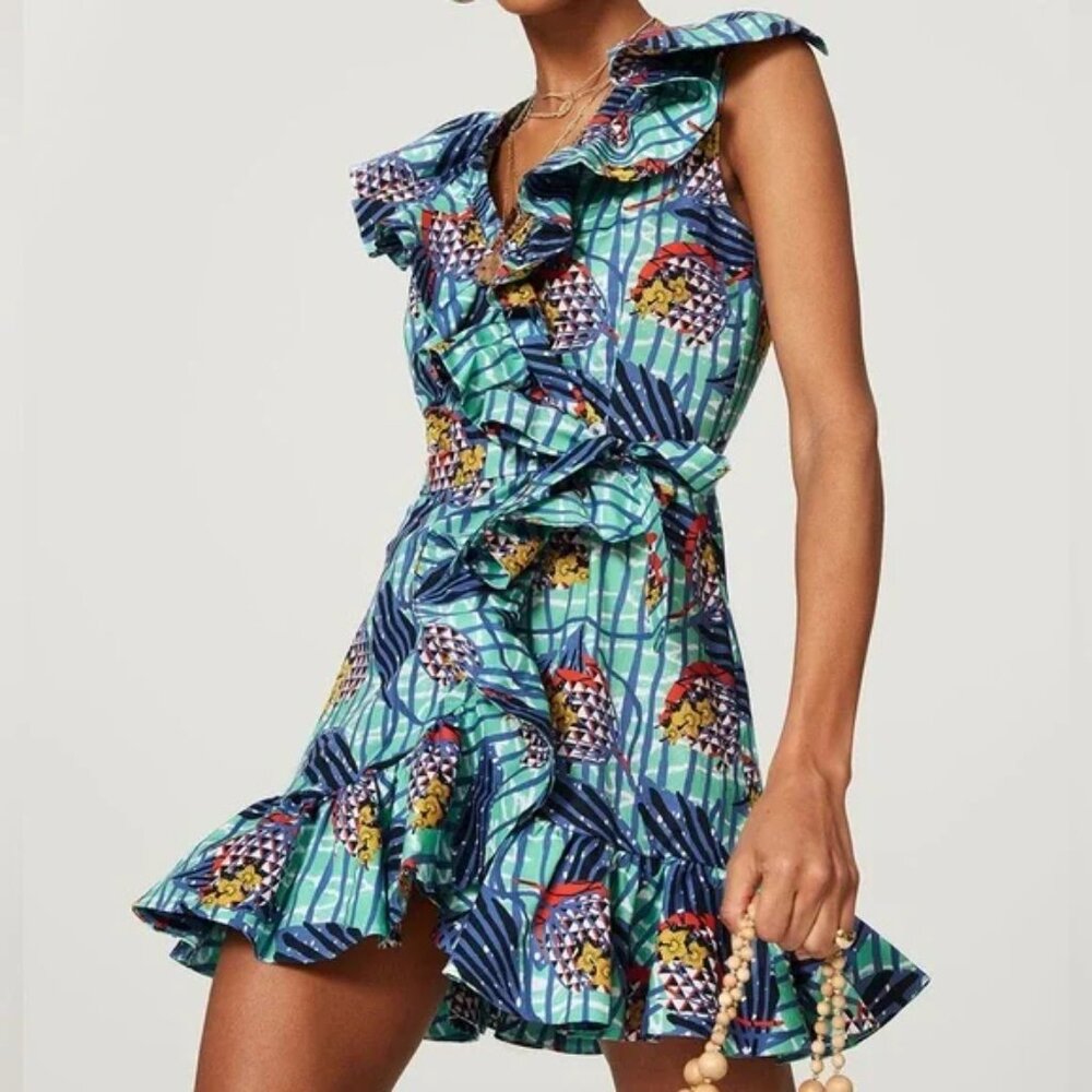 STELLA JEAN Mini sun dress teal flutter sleeve Tropical V-neck Ruffle wrap IT 42